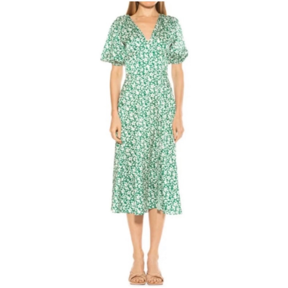 Alexia Admor Green & White Floral Puff Sleeve Slit Front Maxi Dress Size 4 - Picture 5 of 13